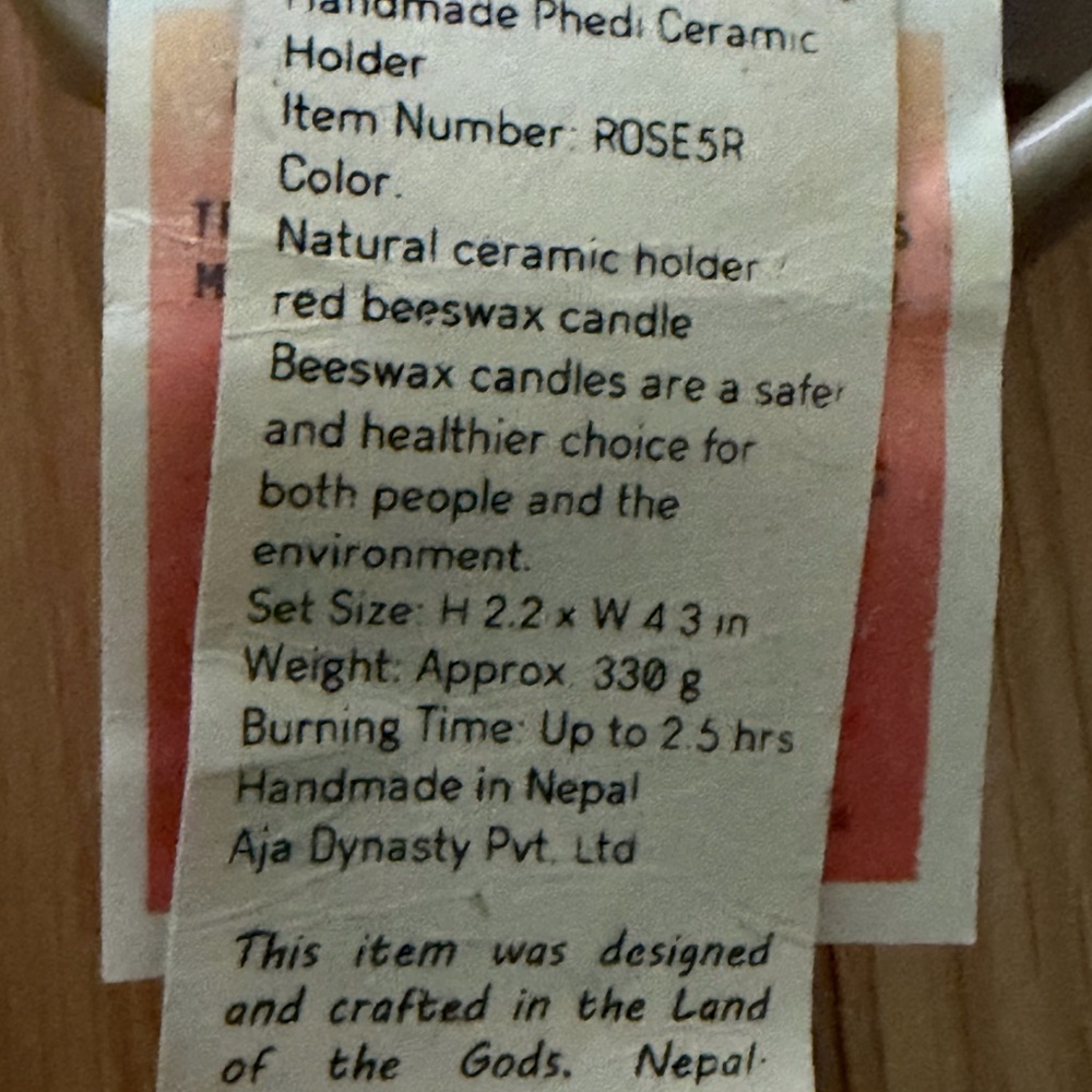 Handmade Ceramic Candle Holder and Rose Beeswax Candle Set Nepal World Col NWT - Picture 7 of 7